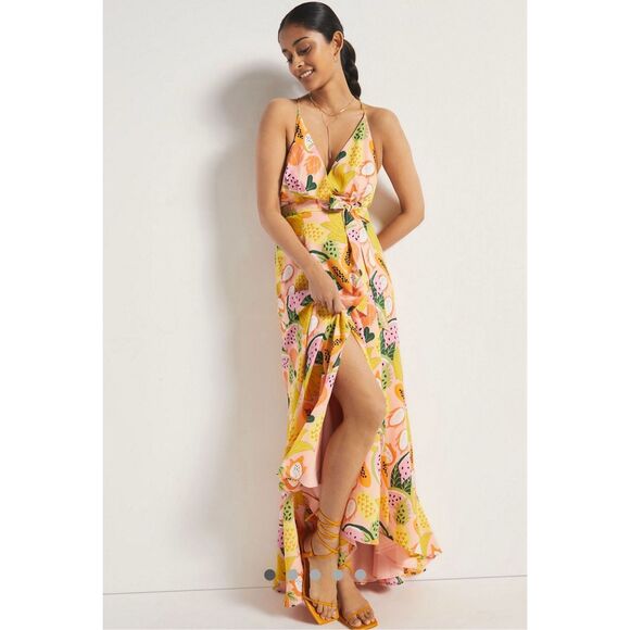 Hutch‎ High-Low Tropical Wrap Dress in Yellow Multi Size LP - Picture 1 of 12